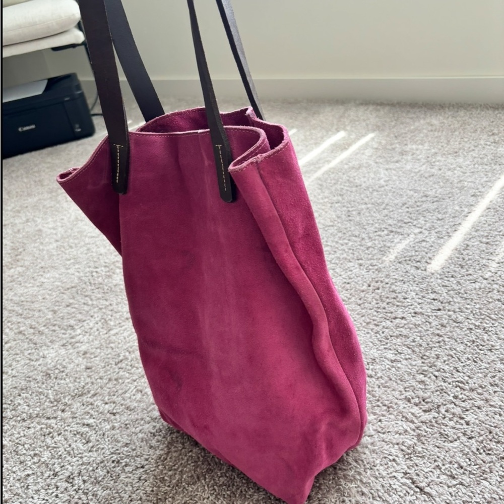 Suede Tote Bag in Berry pink with Dark Brown Leather straps